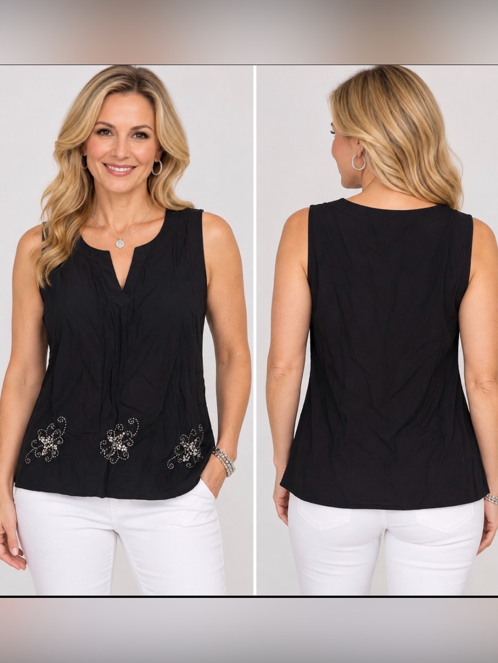 JH Collectibles Black Sleeveless Blouse with Floral Embellishments